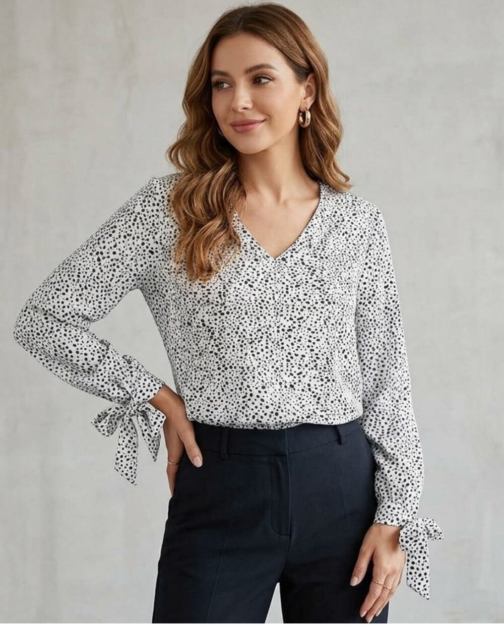 SHEIN White & Black Dalmatian Dot Long-Sleeve Top Spotted V-neck Blouse Medium